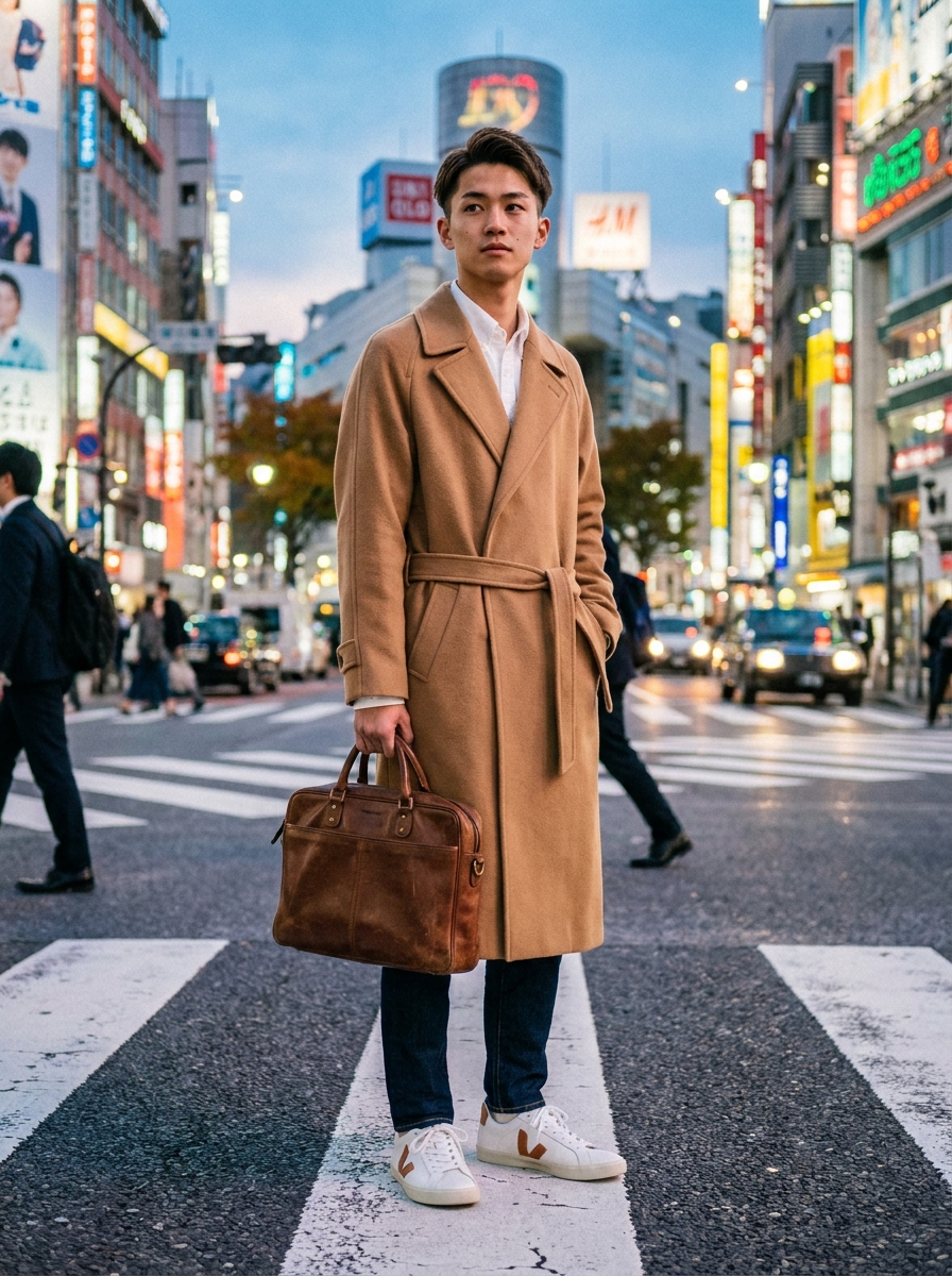 SKIPIKS AI 패션 화보 — minimalist, streetwear — 베이지 코트가 돋보이는 세련된 도시 패션입니다. 깔끔한 화이트 셔츠와 다크블루 청바지를 매치해 클래식한 매력을 연출해보세요. 브리프케이스로 포인