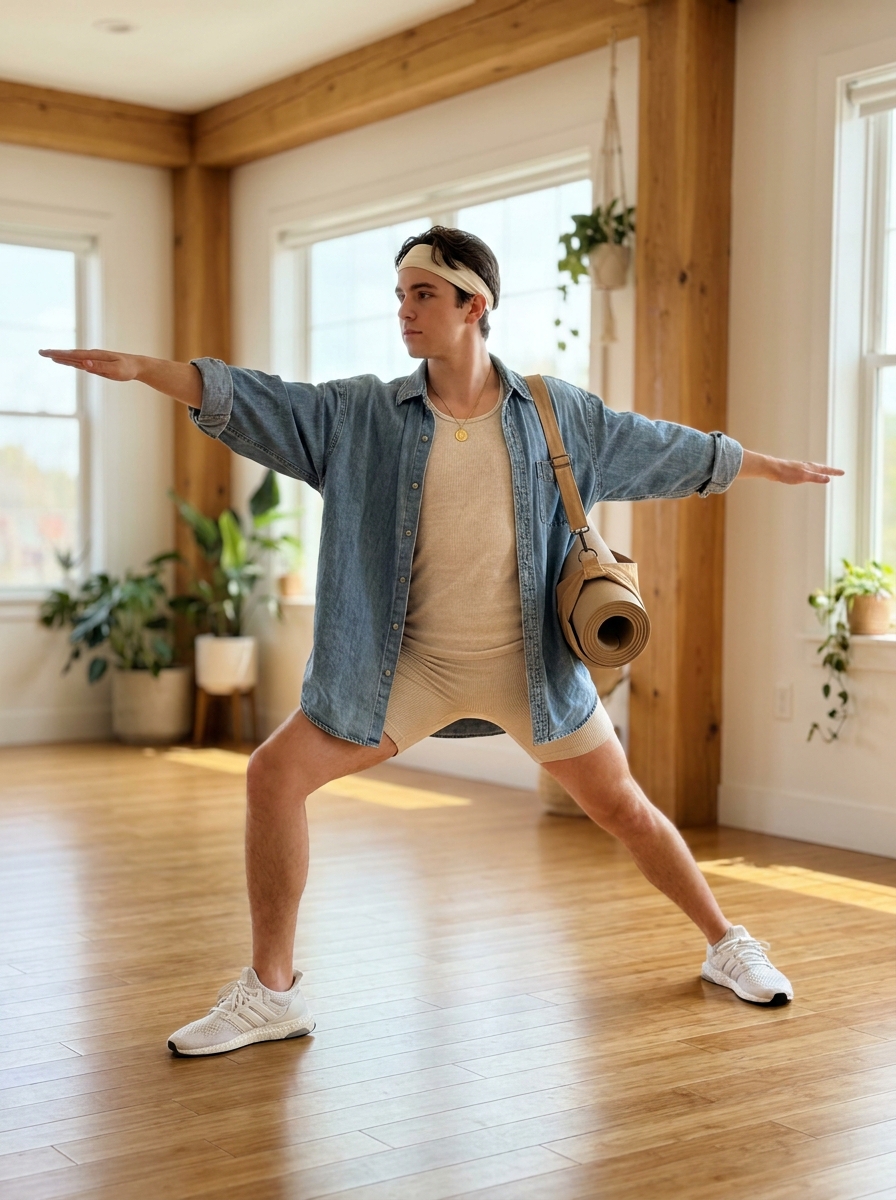SKIPIKS AI fashion editorial — minimalist, athleisure — 데님 셔츠와 베이지 톤 탱크탑, 쇼츠로 레이어링한 스타일이 깔끔하면서도 여유롭게 연출됩니다. 운동화와 매칭하여 활동적이면서도 스타일리시한 느낌을