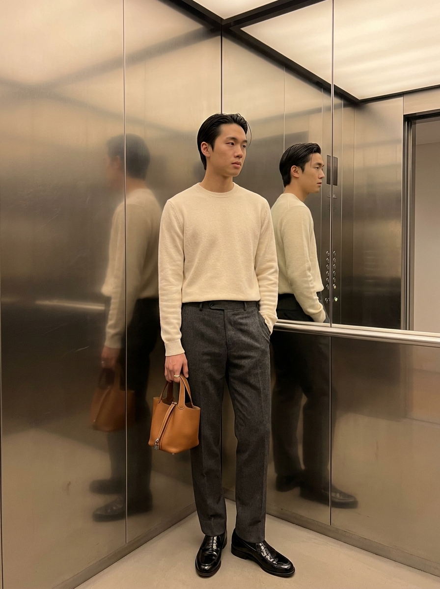 SKIPIKS AIファッション写真 — minimalist, modern — 세련된 베이지 니트와 회색 바지의 조합이 고급스러운 모던 룩을 연출합니다. 가죽 가방과 구두로 포인트를 주어 더욱 완성도 높은 스타일이 만들어져