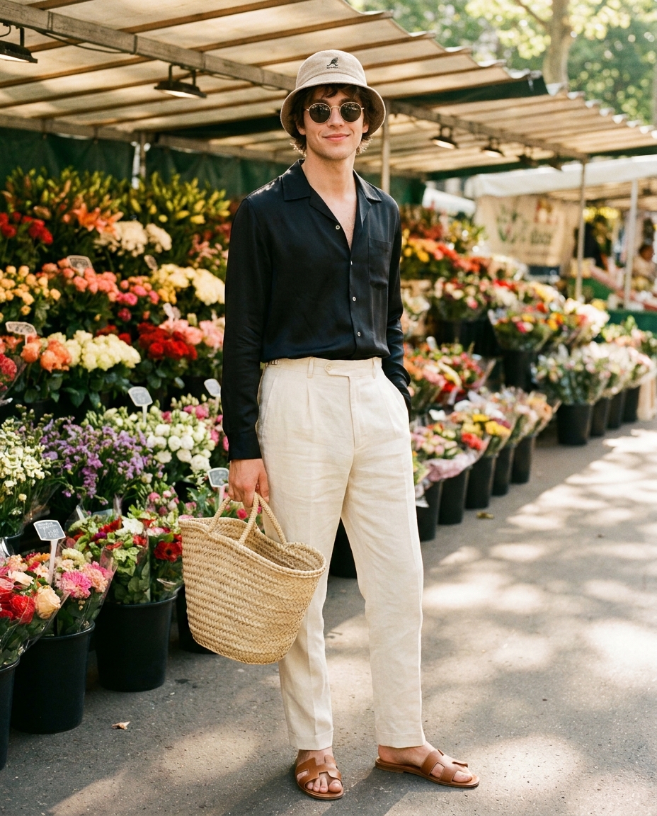 SKIPIKS AIファッション写真 — minimalist, casual — 플라워 마켓에서 만날 법한 경쾌하고 세련된 섬머룩입니다. 라이트한 베이지 바지와 버킷햇으로 가벼운 산뜻함을 더해보세요. 데일리 외출이나 캐주얼한