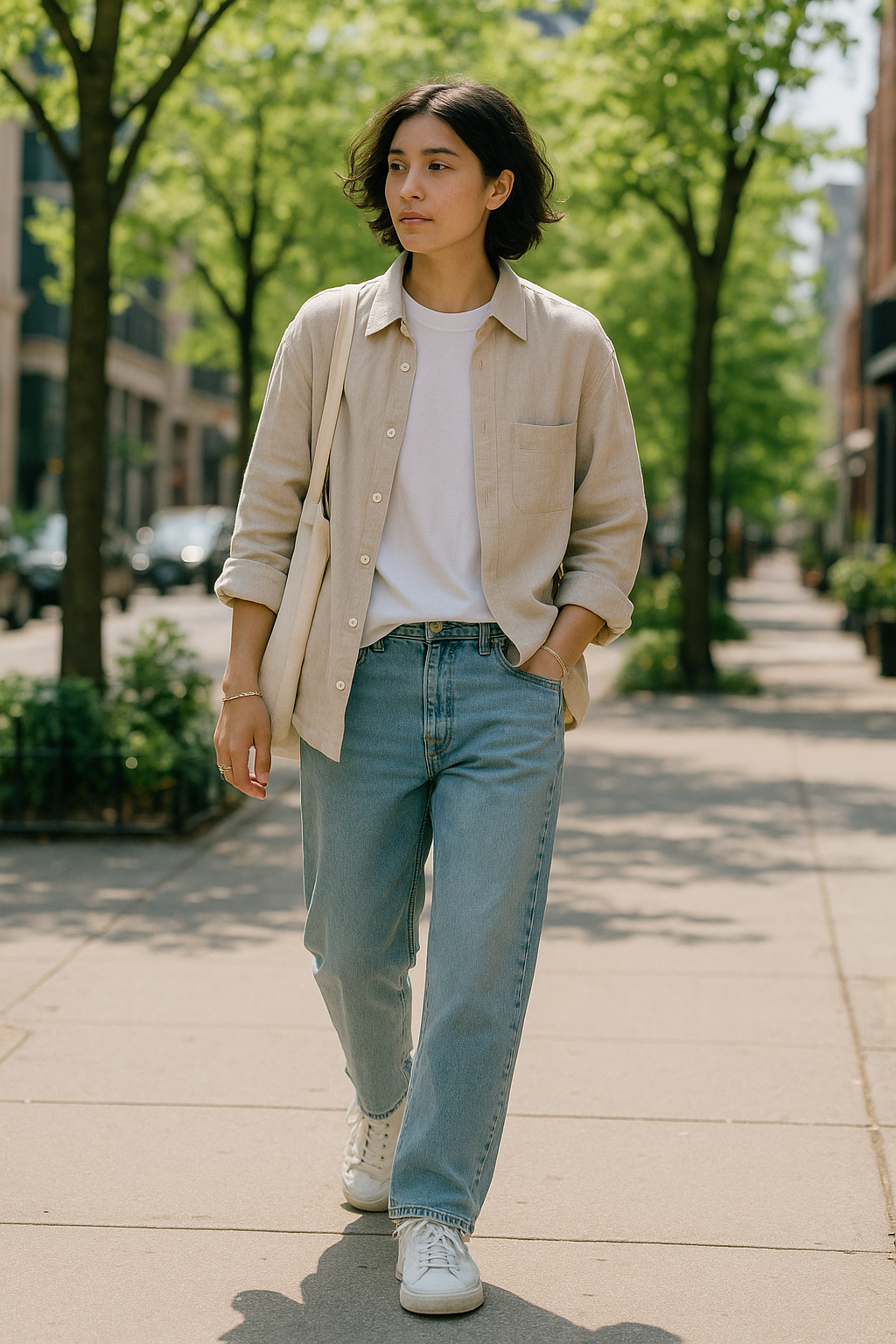 SKIPIKS AI 패션 화보 — minimalist, casual — 베이지와 화이트의 조합이 자연스럽고 편안한 분위기를 연출해보세요. 기본 셔츠와 티셔츠에 청바지를 매치해 네추럴한 캐주얼룩을 완성했습니다. 가벼운
