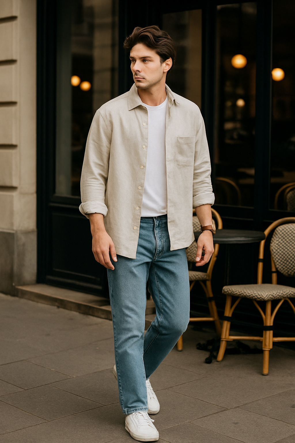SKIPIKS AI时尚大片 — casual, minimalist, modern — 베이지 셔츠와 흰색 티셔츠의 조화가 부드럽고 모던한 무드를 완성합니다. 청바지와 흰색 스니커즈로 편안함과 캐주얼한 감성을 더해보세요. 일상 속 