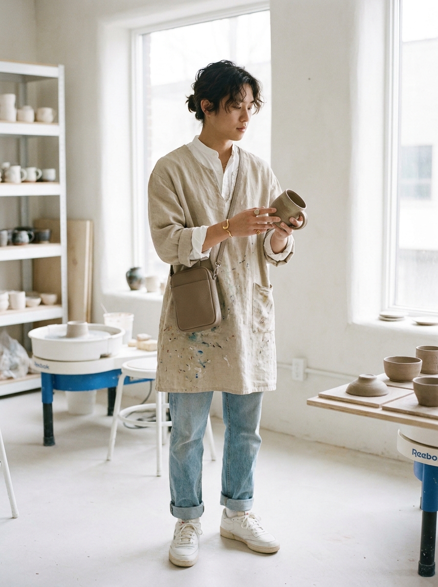 SKIPIKS AI 패션 화보 — casual, artistic — 편안한 베이지톤의 아트 웨어가 감각적으로 돋보이는 스타일입니다. 청바지와 스니커즈로 캐주얼한 무드를 더해 일상에서도 활용하기 좋습니다. 베이지 