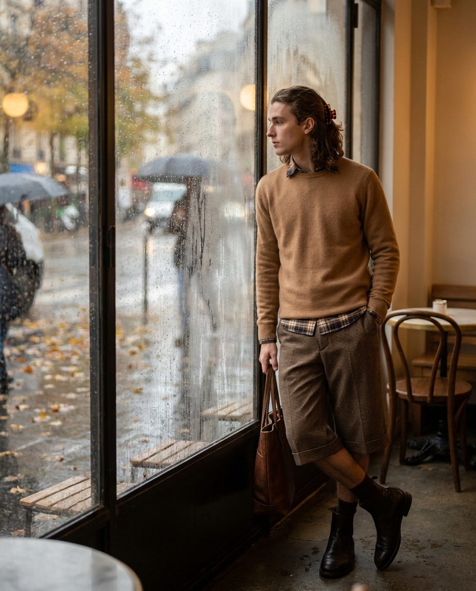 SKIPIKS AIファッション写真 — preppy, casual — 베이지 컬러의 스웨터와 체크 반바지가 조화를 이루며 따뜻한 느낌을 주는 가을 룩입니다. 첼시 부츠와 계절감 있는 토트백을 매치해 세련된 도시 감