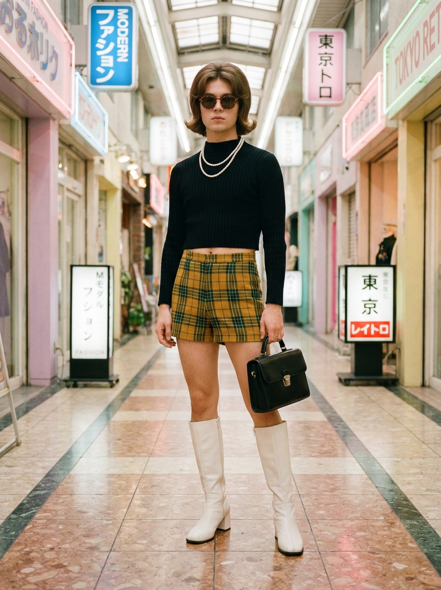 SKIPIKS AIファッション写真 — retro, streetwear, edgy — 검정 크롭 니트와 노란 체크 반바지가 레트로한 분위기를 자아냅니다. 진주 목걸이와 부츠를 매치해 스타일에 엣지를 더해보세요. 도심 속 스트리트 