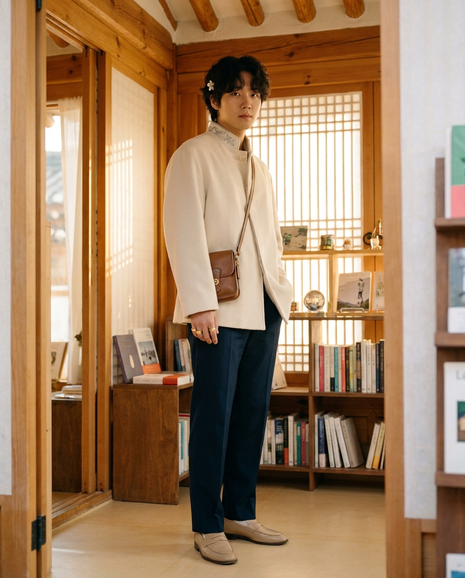 SKIPIKS AI 패션 화보 — minimalist, chic — 베이지와 네이비의 조화가 세련되고 차분한 무드를 연출해주는 룩이에요. 네이비 팬츠와 베이지 로퍼로 안정감을 주고, 브라운 가방으로 포인트를 줘보