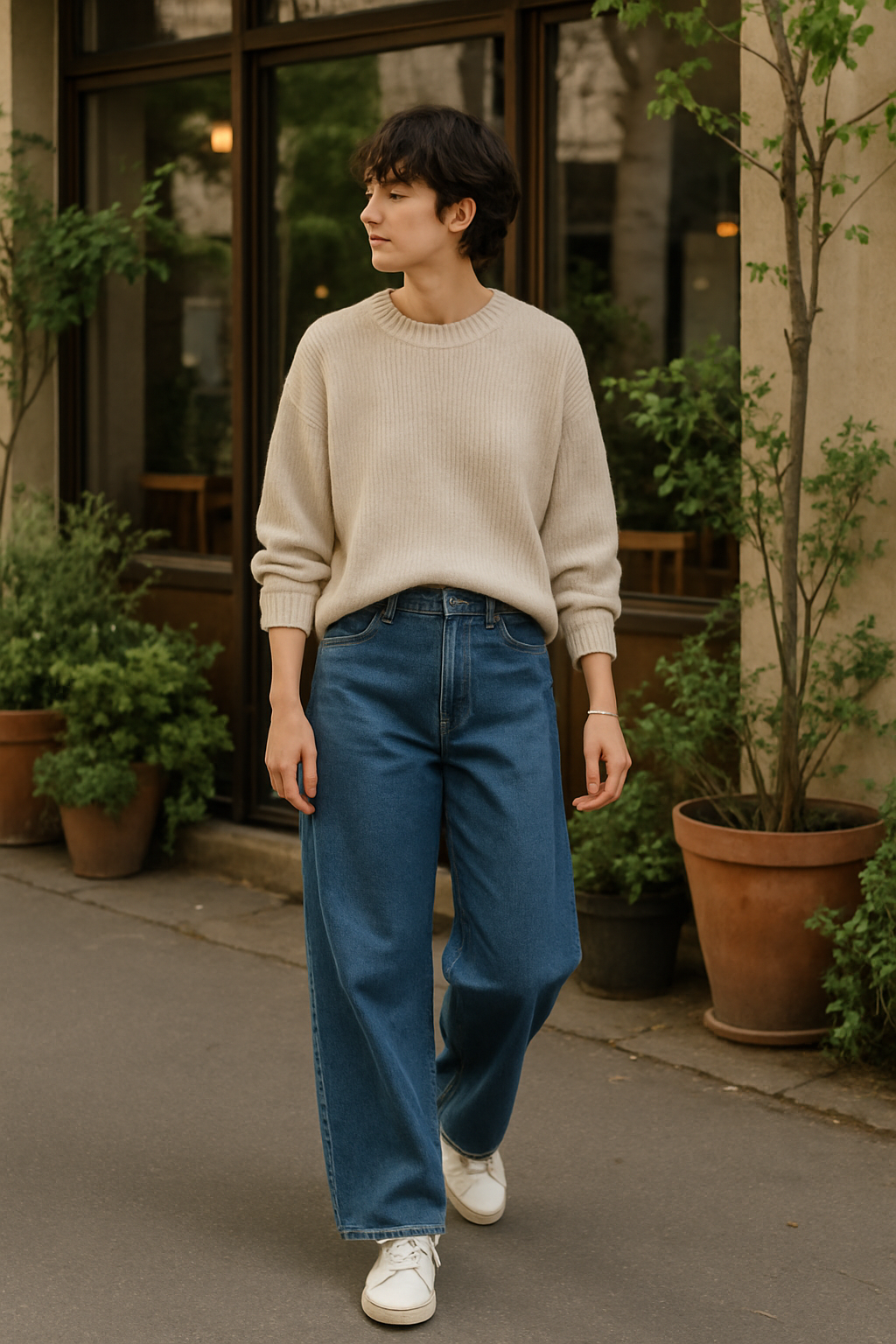 SKIPIKS AI 패션 화보 — minimalist, casual — 베이지 컬러의 니트 스웨터와 진청색 청바지가 어우러져 편안하면서도 세련된 캐주얼룩이 완성됩니다. 같은 톤의 화이트 스니커즈를 매치해 깔끔한 느낌