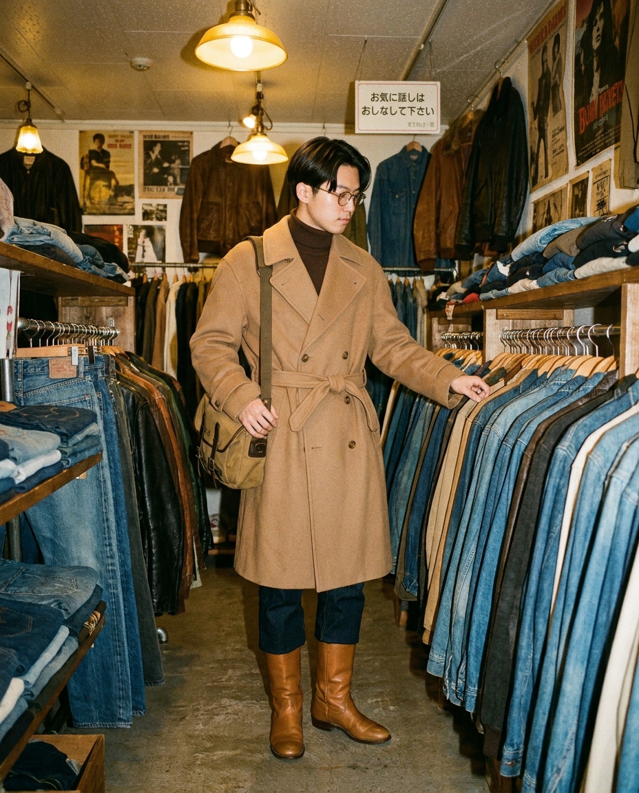 SKIPIKS AI时尚大片 — vintage, retro, casual — 트렌치코트와 부츠가 클래식하고 품격 있는 인상을 완성해주며, 빈티지한 무드가 자연스럽게 묻어납니다. 터틀넥을 함께 매치해 따뜻하면서도 세련된 느