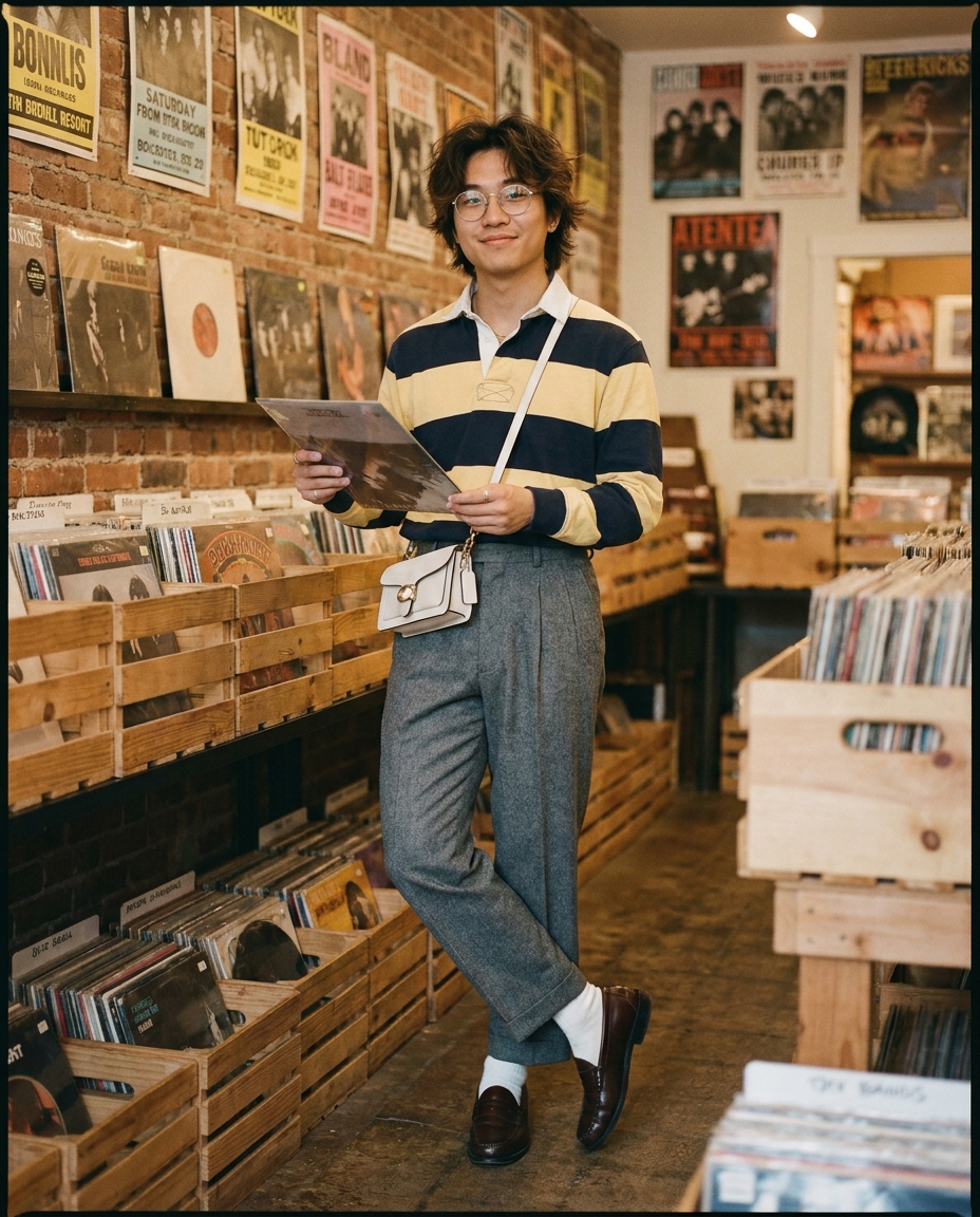 SKIPIKS AI 패션 화보 — vintage, classic, retro — 빈티지한 감성이 돋보이는 스트라이프 폴로 셔츠와 회색 슬랙스가 어우러져 클래식한 무드를 만들어 보세요. 브라운 로퍼와 화이트 크로스백을 매치해 