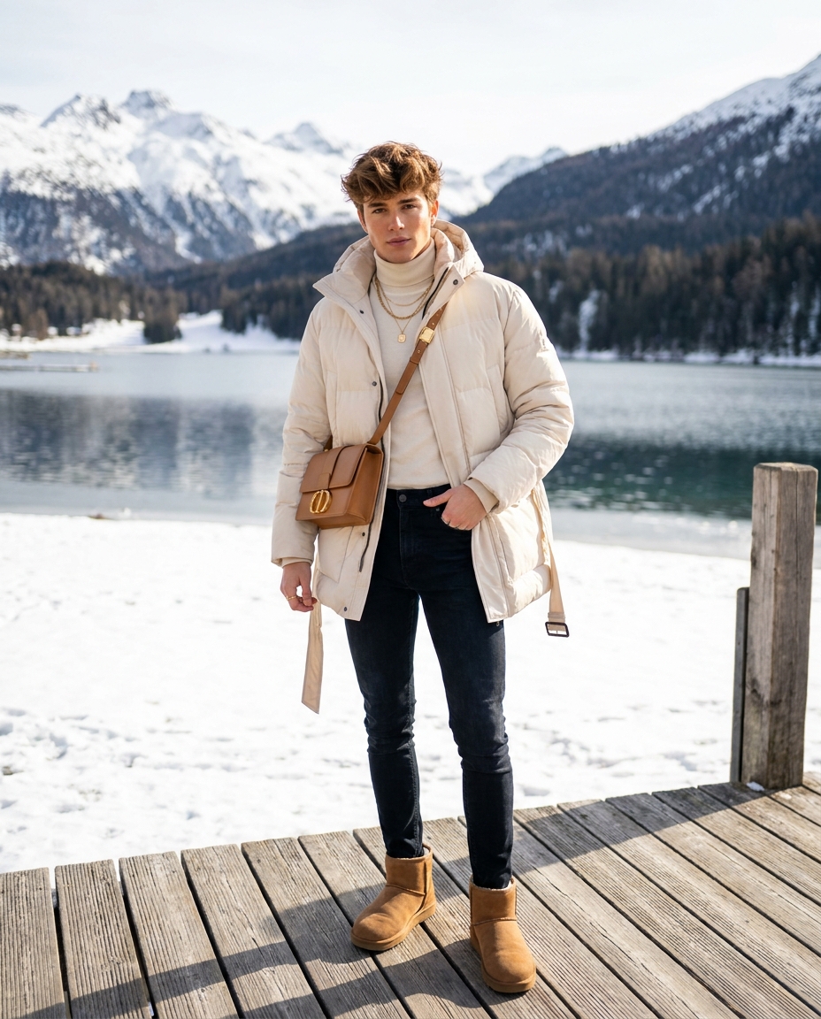 SKIPIKS AI 패션 화보 — casual, winter, cozy — 크림색 패딩과 터틀넥 니트 조합이 세련된 겨울 무드를 완성해 드립니다. 스키니진과 어그 부츠로 따뜻하고 캐주얼한 느낌을 더해보세요. 크로스백은 