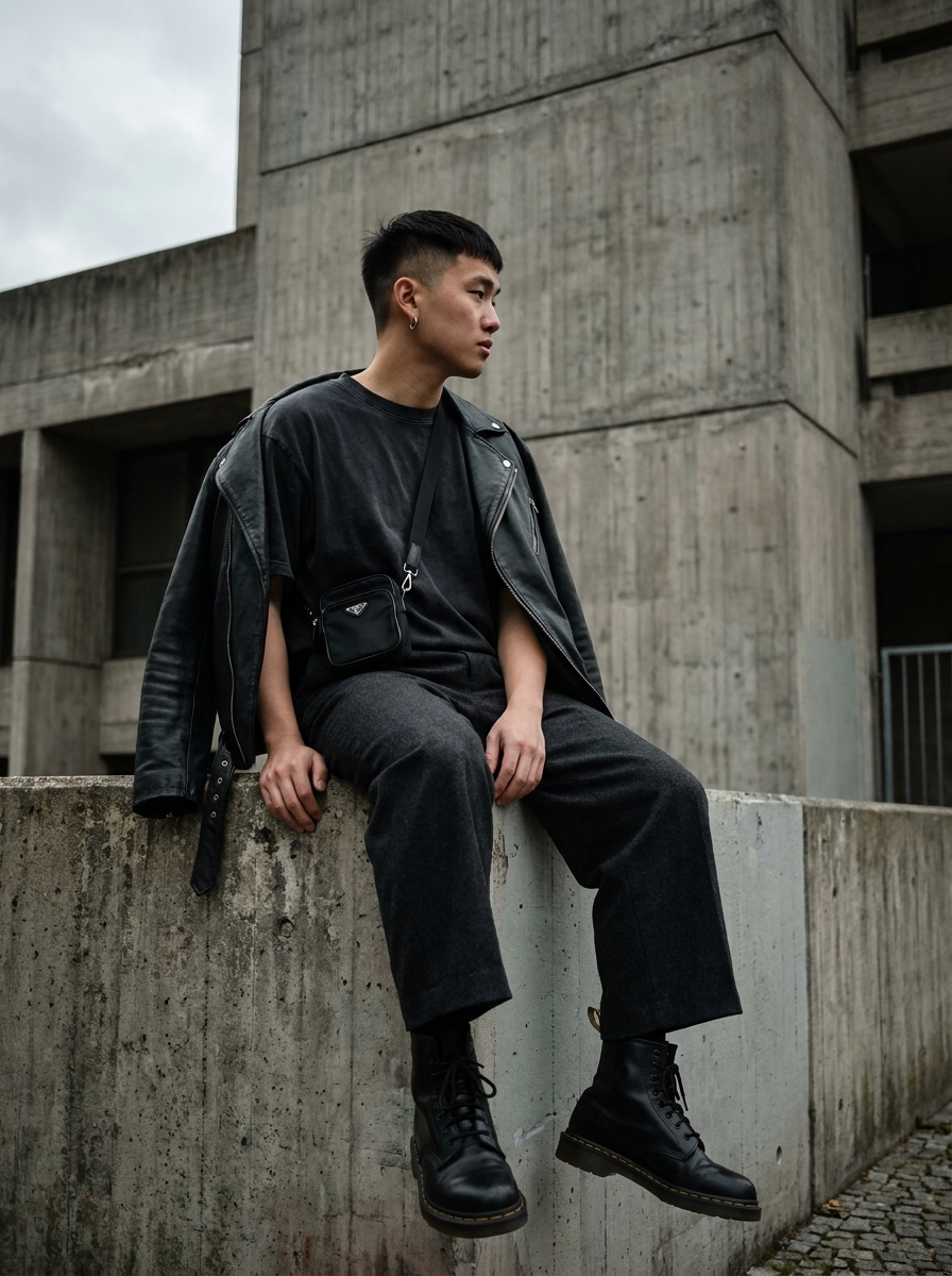 SKIPIKS AI fashion editorial — minimalist, streetwear — 모던한 무드의 가죽 자켓과 검정 티셔츠가 어우러져 시크한 분위기를 연출해보세요. 크로스백과 편안한 회색 바지를 더해 데일리로 활용하기 좋습니다.