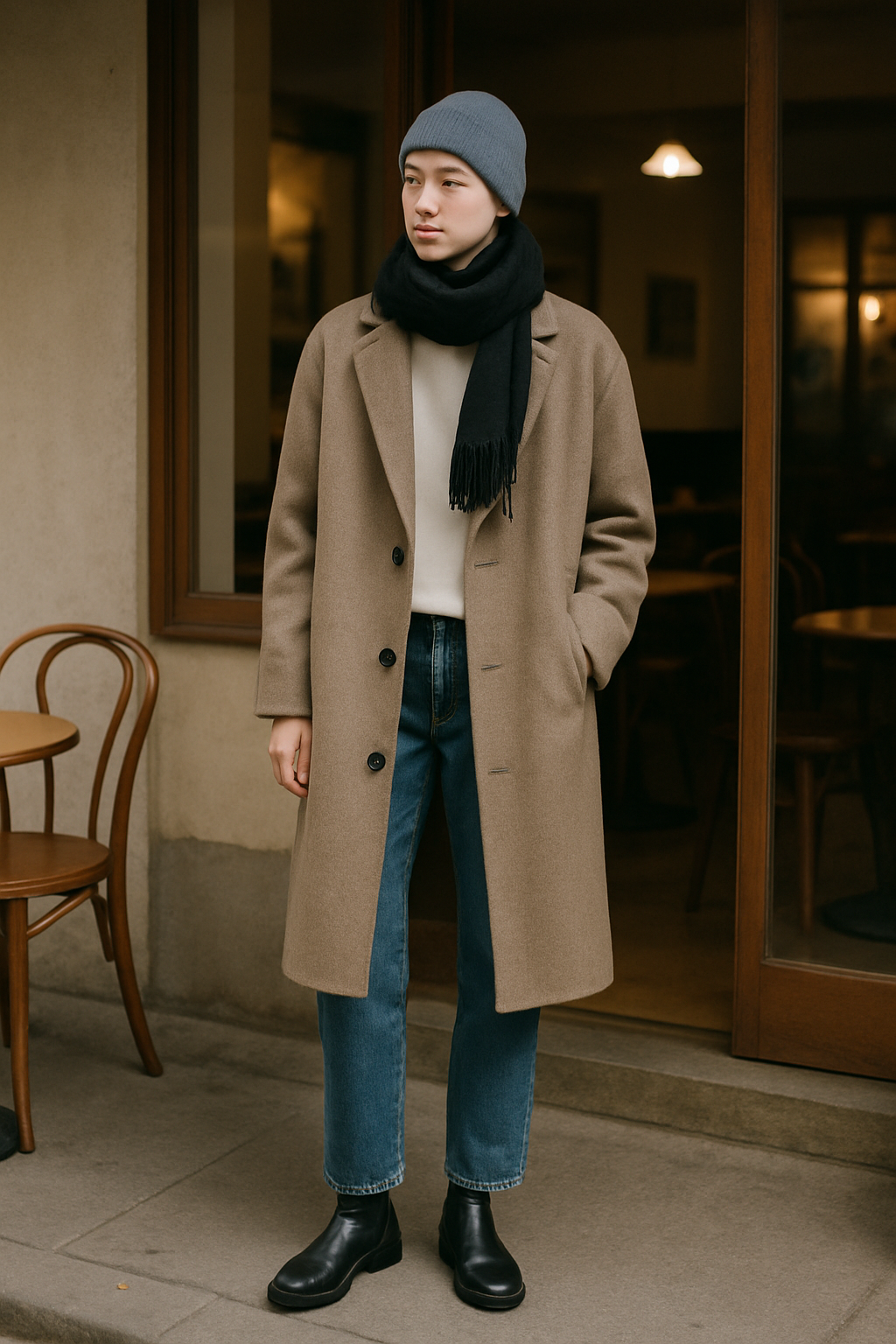 SKIPIKS AI fashion editorial — minimalist, casual — 차분한 브라운 톤의 코트와 아이보리 니트의 조화가 따뜻하면서도 고급스러운 무드를 완성해줍니다. 블루 청바지와 블랙 첼시 부츠로 세련된 캐주얼 스