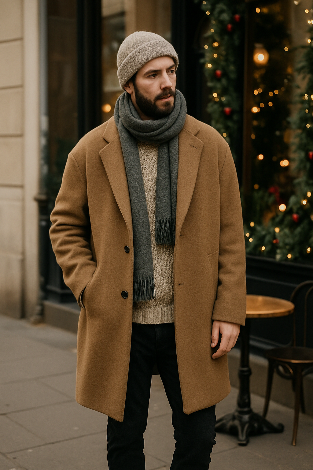 SKIPIKS AIファッション写真 — minimalist, sophisticated — 따뜻한 갈색 코트가 주는 차분하고 고급스러운 무드가 눈에 띄는 룩이에요. 회색 목도리와 비니로 포근함을 더하고, 베이지 스웨터가 부드러운 색감 