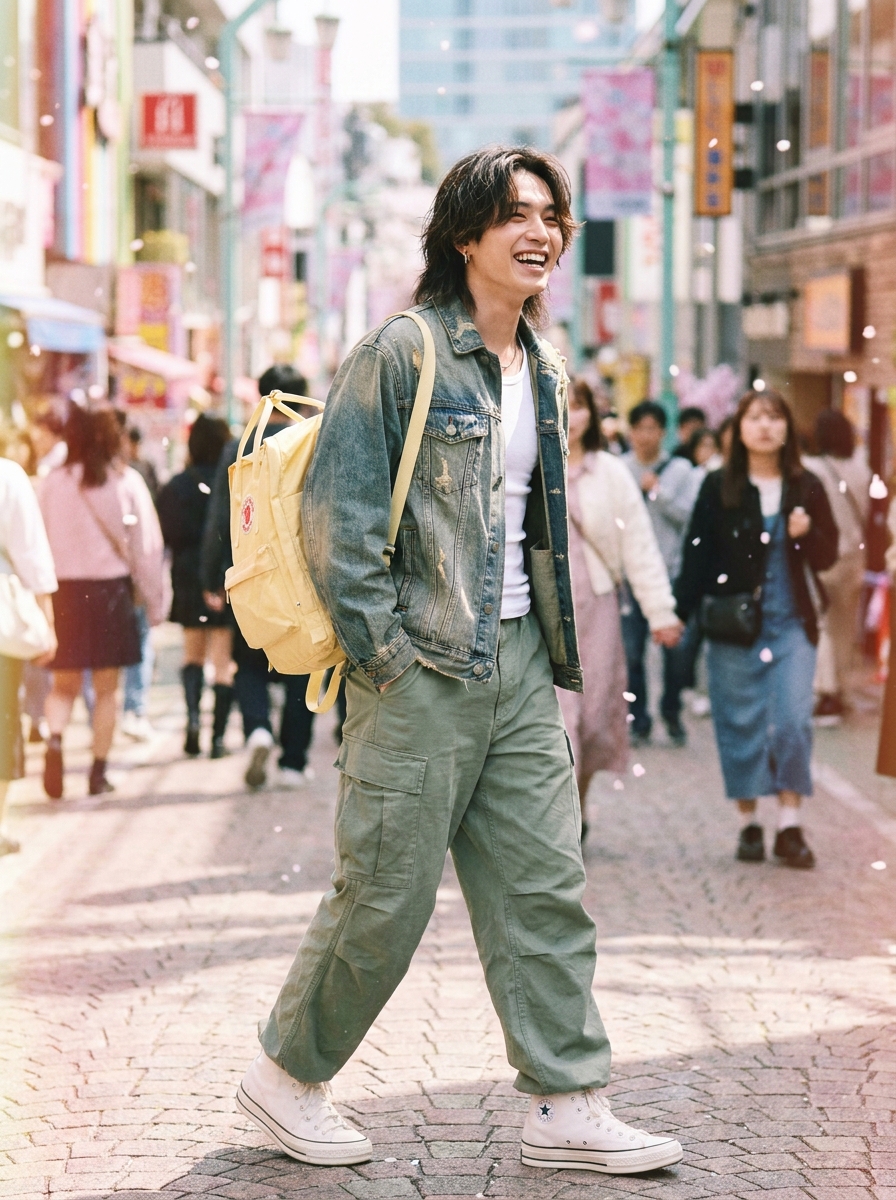 SKIPIKS AI fashion editorial — streetwear, casual — 데님 자켓과 흰색 탱크탑의 조화로 스트리트 무드를 표현한 룩입니다. 카키 카고 바지와 스니커즈를 매치하여 캐주얼하면서도 편안한 스타일을 연출해보