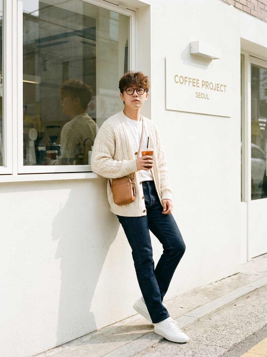 SKIPIKS AIファッション写真 — casual, minimalist, feminine — 크림색 니트 가디건과 흰 티셔츠가 조화롭게 어우러져 부드럽고 따뜻한 무드를 연출해보세요. 청바지와 흰 운동화로 깔끔한 캐주얼룩을 완성하기에 적합