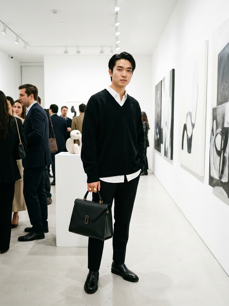 SKIPIKS AI fashion editorial — minimalist, business_casual — 전체적으로 깔끔하고 세련된 가을 무드가 돋보이는 룩입니다. 니트와 셔츠 조합에 슬랙스와 첼시 부츠를 매치하여 시크한 비즈니스 캐주얼 스타일을 연