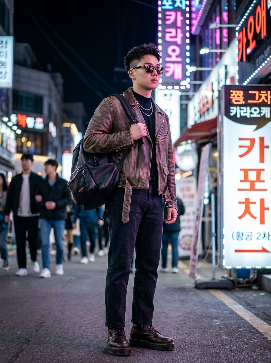 SKIPIKS AI fashion editorial — streetwear, casual — 빈티지한 가죽 자켓과 블랙진이 시크한 매력을 더해주는 스타일입니다. 블랙 티셔츠와 매칭하여 무게감을 덜어주고, 다크 브라운 부츠로 마무리해보세요