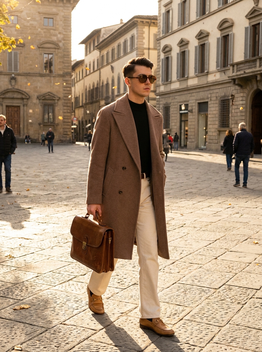 SKIPIKS AIファッション写真 — classic, minimalist, elegant — 베이지 코트와 크림 팬츠 조합이 세련되면서도 따뜻한 느낌을 자아내요. 브라운 가죽 가방과 로퍼로 클래식한 무드를 완성해보세요. 도시적인 가을 데