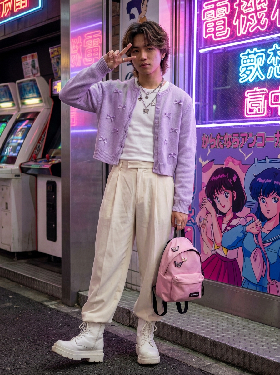 SKIPIKS AI 패션 화보 — streetwear, vintage — 차분한 연보라색 가디건이 사랑스러운 무드를 자아내는 룩이에요. 크림색 바지와 흰색 부츠로 아늑한 분위기를 살려보세요. 데일리 룩으로나 거리에서 
