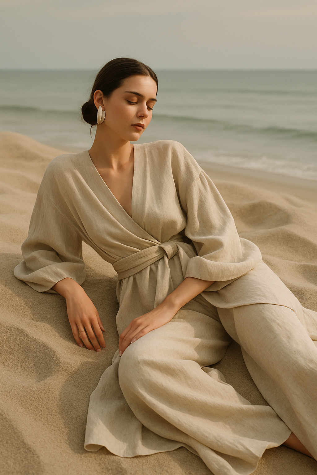 SKIPIKS AI时尚大片 — feminine, minimalist — 부드러운 베이지 컬러의 린넨 드레스가 자연스럽고 우아한 무드를 자아내요. 귀걸이와 같이 심플한 액세서리와 매치하면 더욱 완성도 있는 스타일이 추