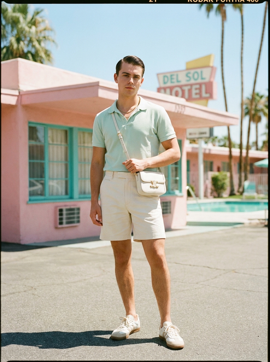 SKIPIKS AI fashion editorial — minimalist, preppy — 산뜻한 민트색 폴로 셔츠와 아이보리 반바지가 청량한 여름 느낌을 완성해요. 크림색 크로스백과 베이지 스니커즈로 뉴트럴한 매치를 추천해요. 휴양지