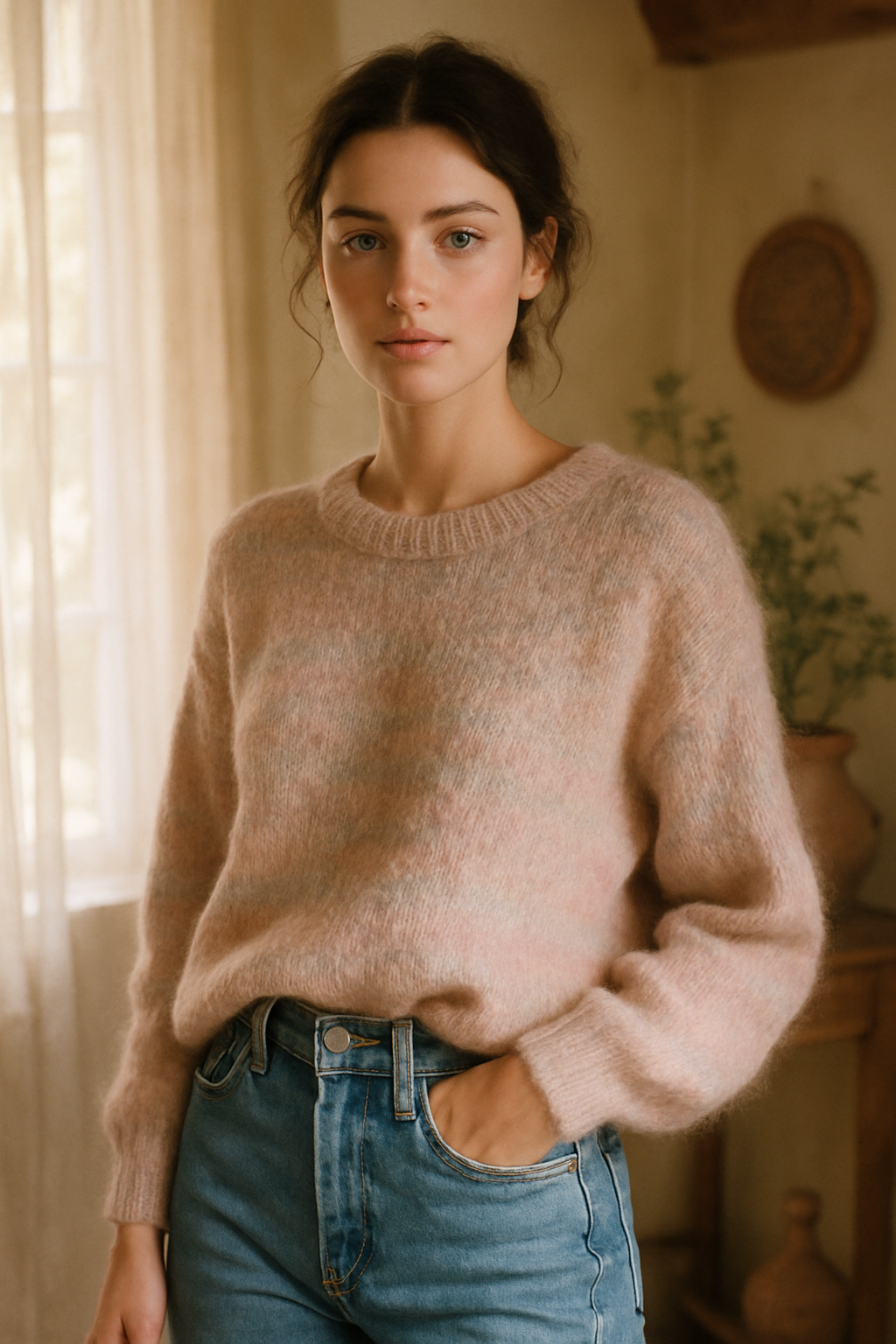 SKIPIKS AIファッション写真 — casual, feminine — 부드러운 핑크 색상의 니트가 청바지와 완벽한 조화를 이루며 따뜻하고 편안한 분위기를 줍니다. 가을 날씨에 적합한 이 코디는 귀여운 비니나 삭스를