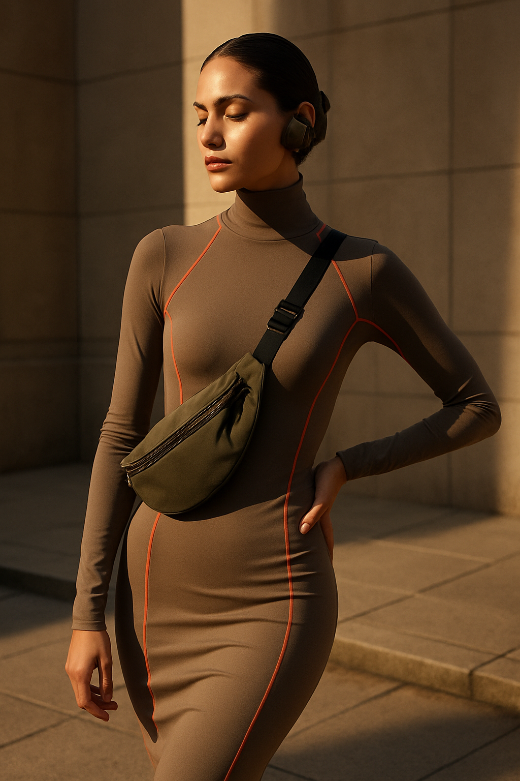 SKIPIKS AI 패션 화보 — minimalist, techwear — 카키색 피팅 드레스와 세련된 웨이스트백이 돋보이는 모던한 룩이에요. 드레스의 슬림한 실루엣이 우아하고 도시적인 느낌을 주어 스타일리시합니다. 이