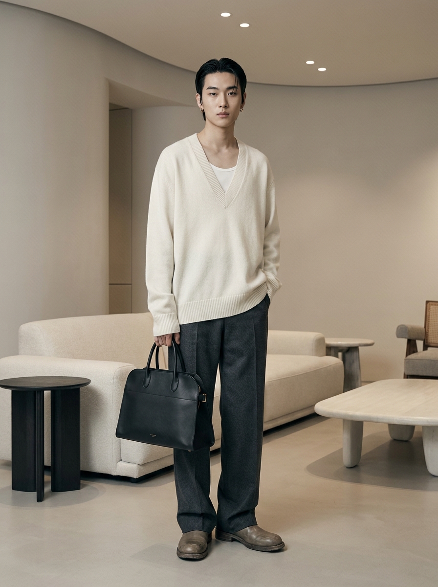SKIPIKS AI fashion editorial — minimalist, elegant — 크림색 브이넥 스웨터와 회색 슬랙스가 조화를 이루며 차분한 분위기를 연출합니다. 액세서리가 절제되어 전체적으로 미니멀리즘 스타일이 돋보여요. 데