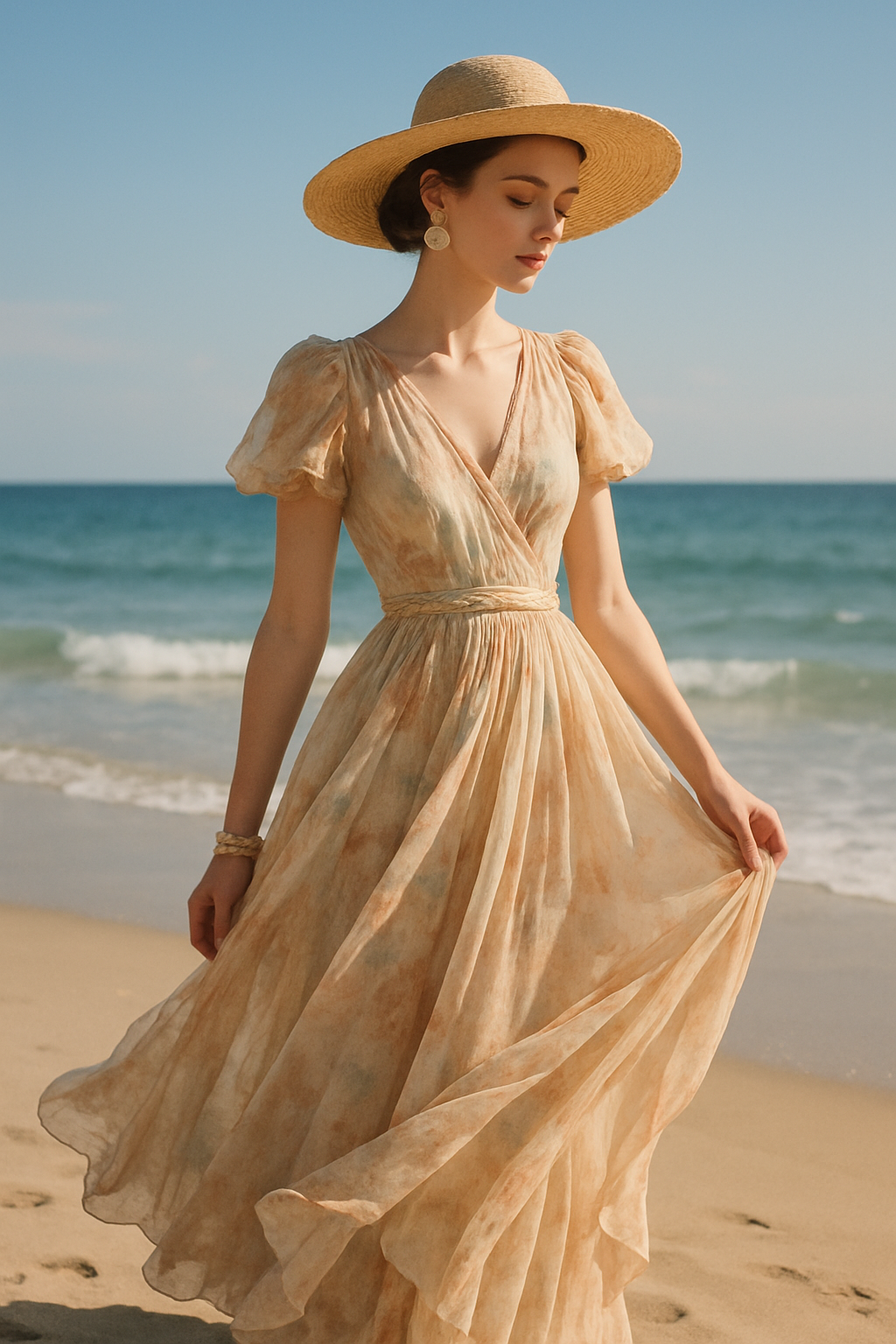 SKIPIKS AIファッション写真 — feminine, vintage — 따뜻한 여름 바람과 잘 어울리는 빈티지 무드의 롱 드레스입니다. 흐르는 실루엣과 부드러운 색감이 여성스러움을 배가시켜 주네요. 와이드 브림 햇과