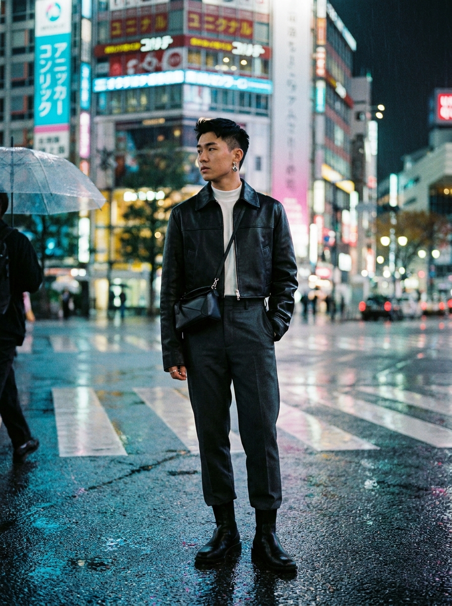 SKIPIKS AI 패션 화보 — streetwear, urban, modern — 블랙과 그레이의 조화가 돋보이는 도회적인 룩입니다. 가죽 자켓과 첼시 부츠로 세련된 감성을 더해보세요. 업무 후에도 어울리는 스타일로, 저녁 있