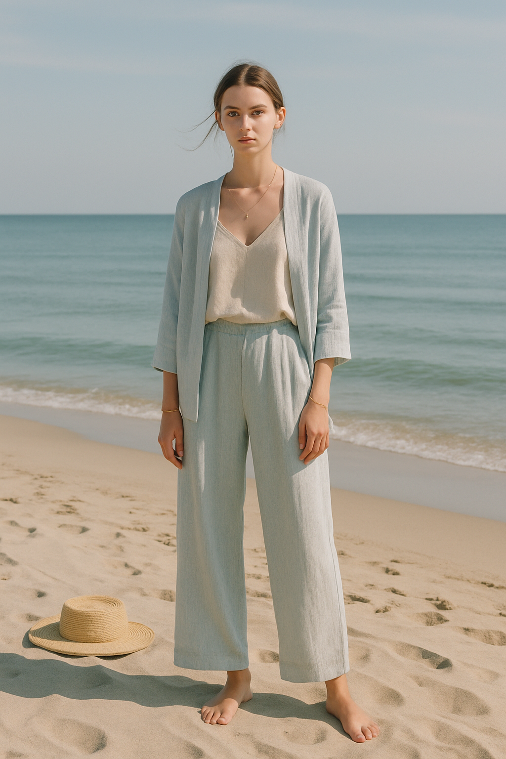 SKIPIKS AI 패션 화보 — minimalist, beachwear, natural — 청량한 해변의 느낌을 담은 여름 스타일의 완성입니다. 부드러운 베이지 톤의 슬리브리스와 연한 블루 린넨 가디건으로 내추럴한 무드를 주었어요. 여