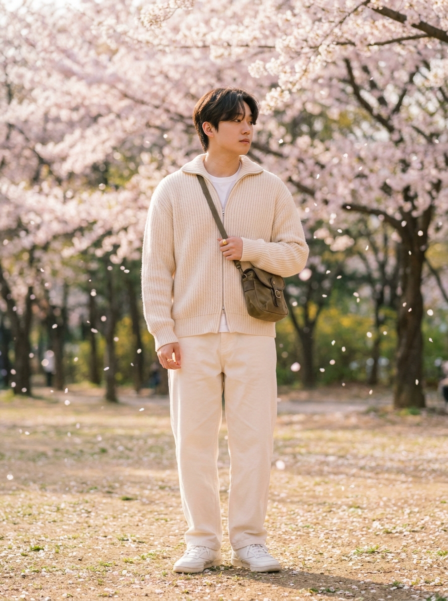 SKIPIKS AIファッション写真 — casual, minimalist — 따뜻한 베이지 톤의 니트 카디건과 팬츠가 봄의 화사한 무드를 자아내요. 흰색 티셔츠와 운동화로 깔끔하고 산뜻한 느낌을 더해보세요. 여기에 카키색