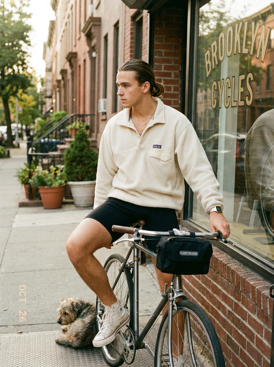 SKIPIKS AI 패션 화보 — casual, sporty — 크림색 플리스 자켓이 부드러우면서도 따뜻한 느낌을 주며, 캐주얼하면서도 스포티한 무드를 완성합니다. 자전거 탈 때 편안한 스타일로, 검은색 사이