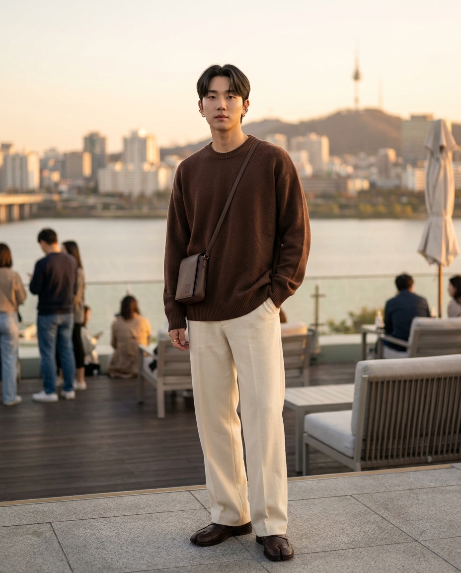 SKIPIKS AI时尚大片 — minimalist, casual — 브라운 컬러가 포인트인 니트 스웨터와 베이지 팬츠의 조화가 따뜻한 감성을 연출해 보세요. 크로스백과 로퍼로 자연스러운 매치를 더해주면 미니멀한 