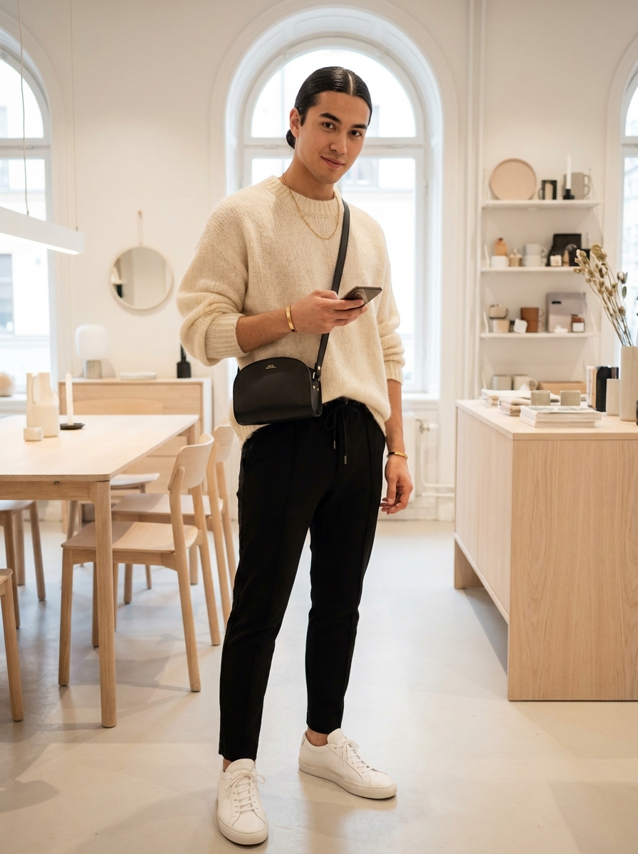 SKIPIKS AI时尚大片 — minimalist, casual — 포근한 크림 컬러의 니트 스웨터와 블랙 슬랙스를 매치하여 세련된 미니멀 룩을 연출해보세요. 골드 액세서리로 포인트를 주면서 푸근한 분위기를 더할