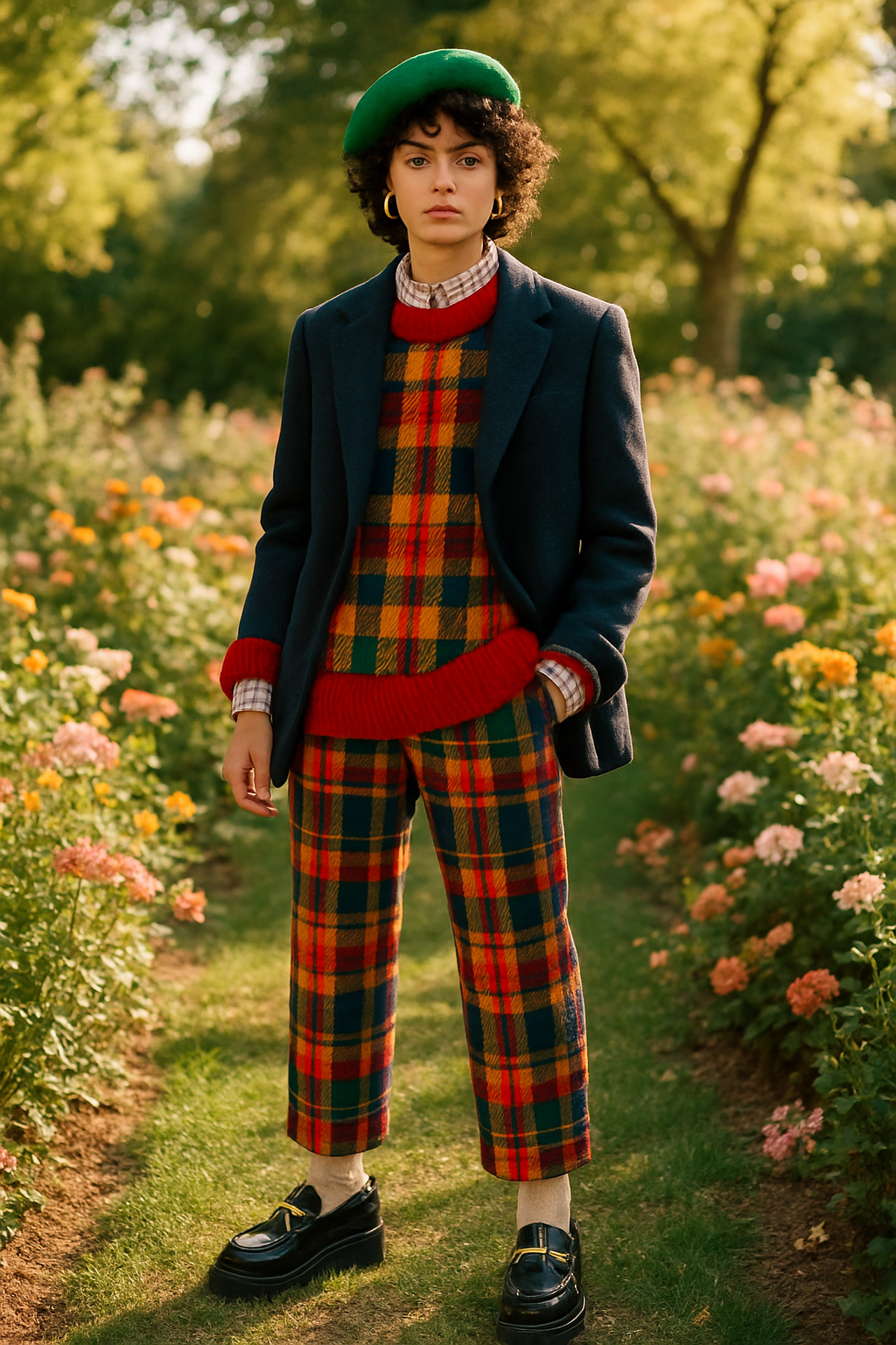 SKIPIKS AI fashion editorial — preppy, retro — 레트로 무드가 가득한 체크 패턴의 셋업이 매력을 더해주는 가을 룩이에요. 네이비 블레이저와 그린 베레모를 매치해 클래식한 분위기를 완성해보세요.