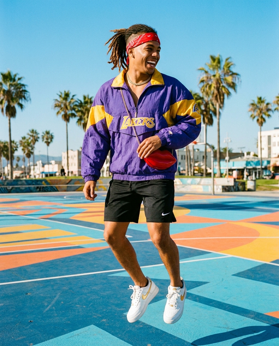 SKIPIKS AIファッション写真 — streetwear, sporty, casual — 선명한 보라색과 노란색의 바람막이가 레트로한 무드를 더해주네요. 가벼운 검정 반바지와 흰색 스니커즈를 매치하여 스포티하고 경쾌한 스타일링을 완성
