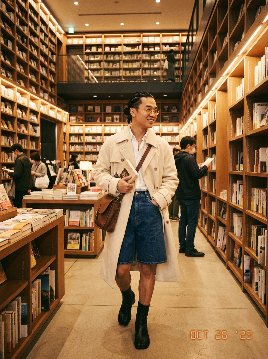 SKIPIKS AI时尚大片 — minimalist, preppy — 베이지 트렌치코트와 블루 데님 반바지가 조화를 이루며 세련된 가을 무드가 느껴져요. 클래식한 안경과 브라운 숄더백을 더해 빈티지하면서도 지적인 