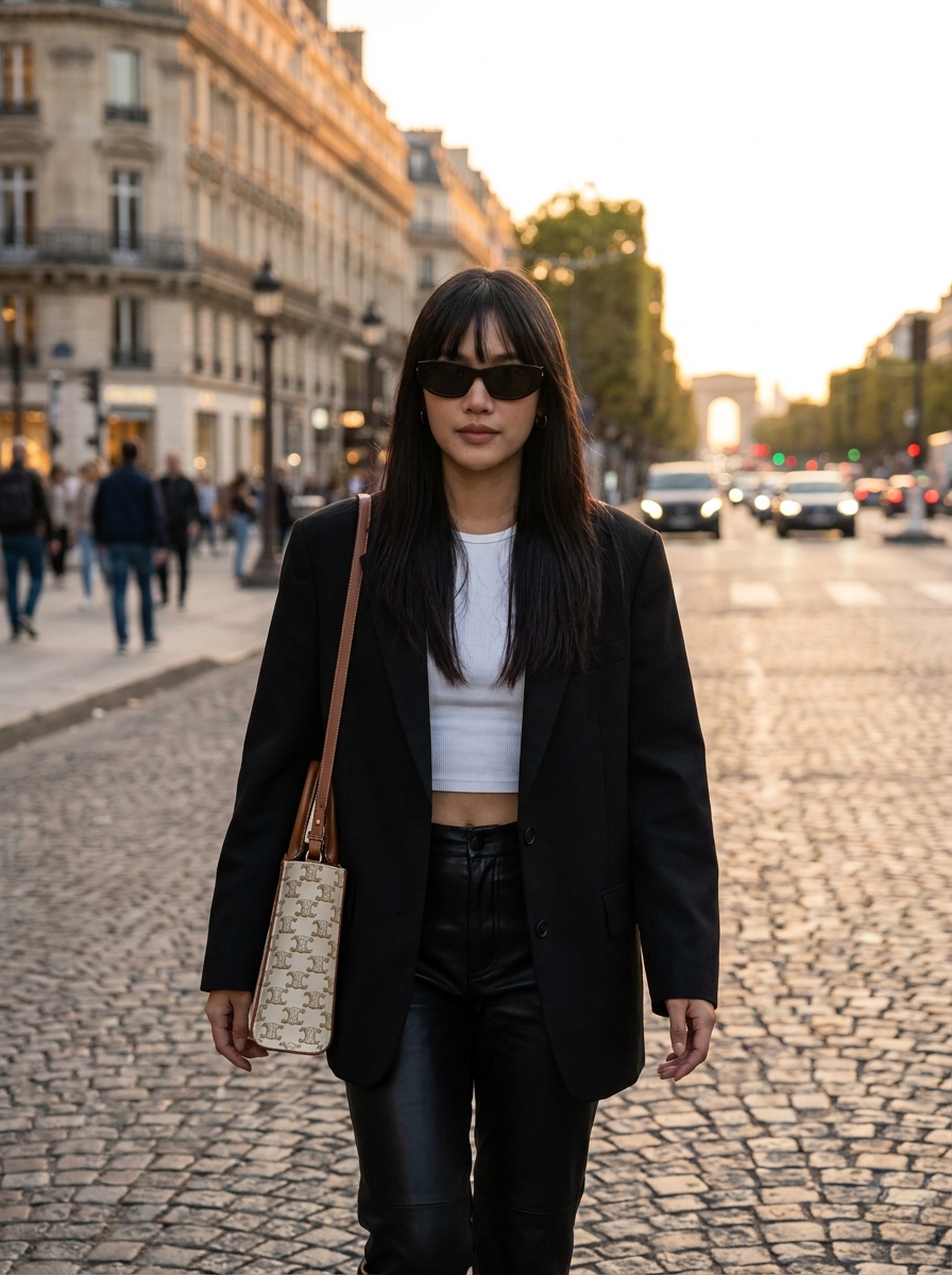 SKIPIKS AIファッション写真 — minimalist, streetwear — 시크하면서도 모던한 무드의 블랙앤화이트 룩입니다. 크롭탑과 블레이저의 조화가 세련된 스타일을 연출하며, 가죽 팬츠로 포인트를 더했습니다. 도심의