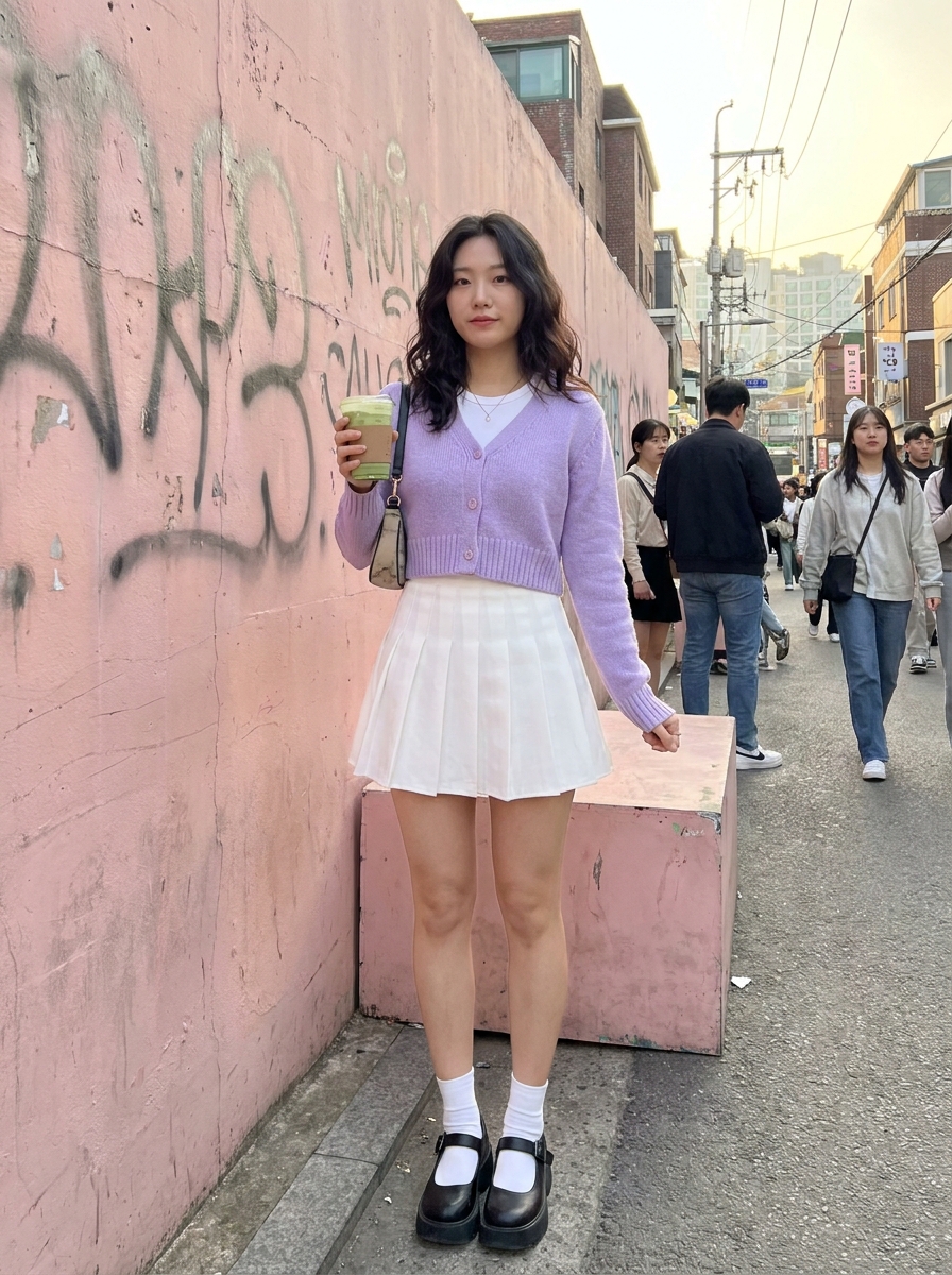 SKIPIKS AI 패션 화보 — feminine, streetwear — 이 룩은 봄날에 어울리는 부드러운 페미닌 무드가 돋보입니다. 연보라 가디건과 흰색 플리츠스커트의 조화가 상큼하면서도 깔끔한 실루엣을 완성합니다.