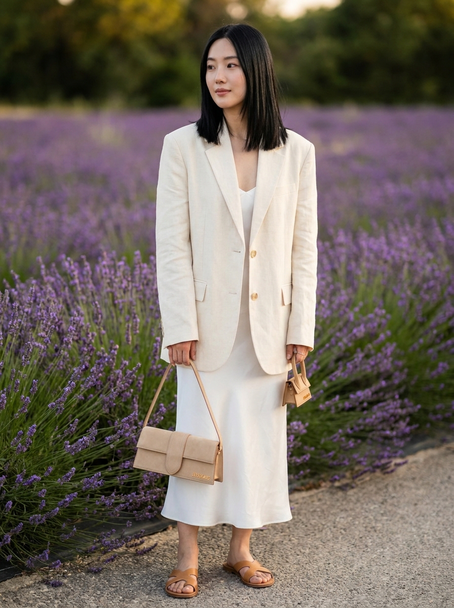SKIPIKS AI 패션 화보 — minimalist, feminine — 차분한 크림과 화이트 컬러의 매치가 여름의 산뜻함을 완성해주는 스타일이에요. 블레이저와 슬립 드레스의 조합은 세련된 무드를 연출하며, 베이직한 