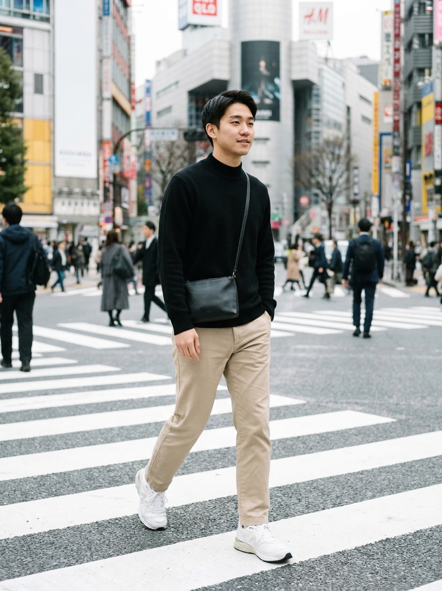 SKIPIKS AI 패션 화보 — minimalist, casual — 세련된 검은색과 베이지의 조화로 미니멀하면서도 따뜻한 분위기를 연출하는 룩입니다. 터틀넥 스웨터와 치노 팬츠의 매치는 세련된 도시 스타일로, 크