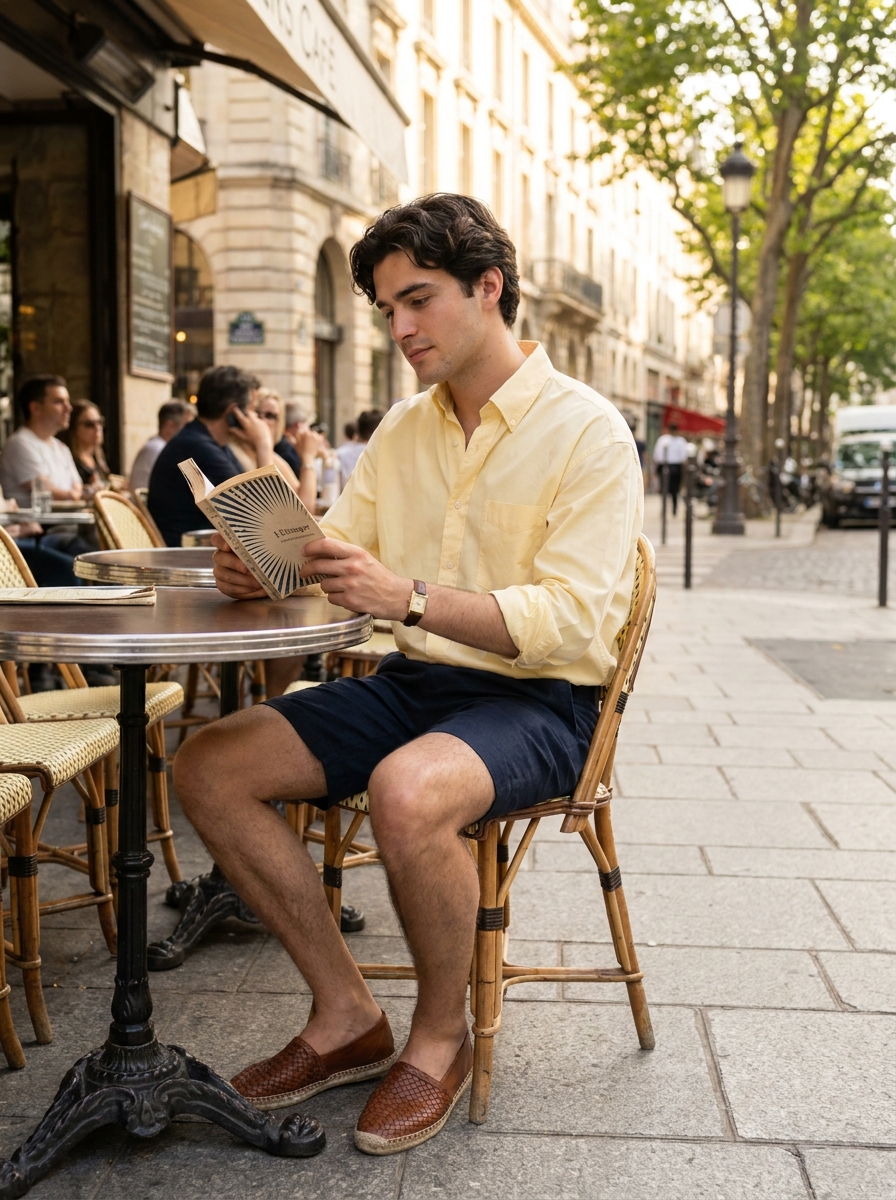 SKIPIKS AIファッション写真 — casual, classic — 부드러운 노란색 셔츠가 시선을 사로잡으며 캐주얼한 여름 분위기를 자아내요. 남색 반바지와 갈색 로퍼로 자연스러운 톤온톤 매치를 추천해요. 피크닉