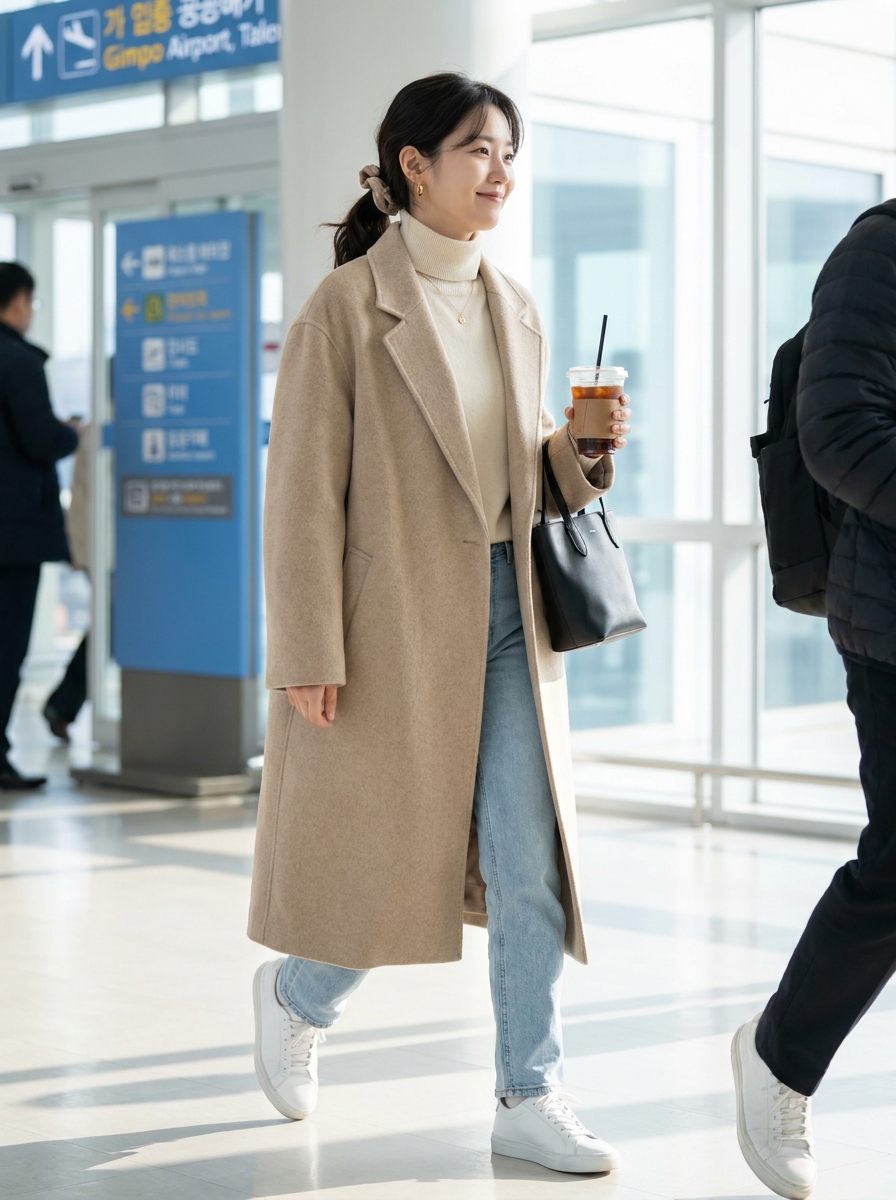 SKIPIKS AI 패션 화보 — casual, chic — 따뜻한 베이지 톤의 롱 코트가 부드러운 크림 니트와 어우러져 세련된 무드를 연출해보세요. 여기에 심플한 연청색 청바지와 화이트 스니커즈로 편안하