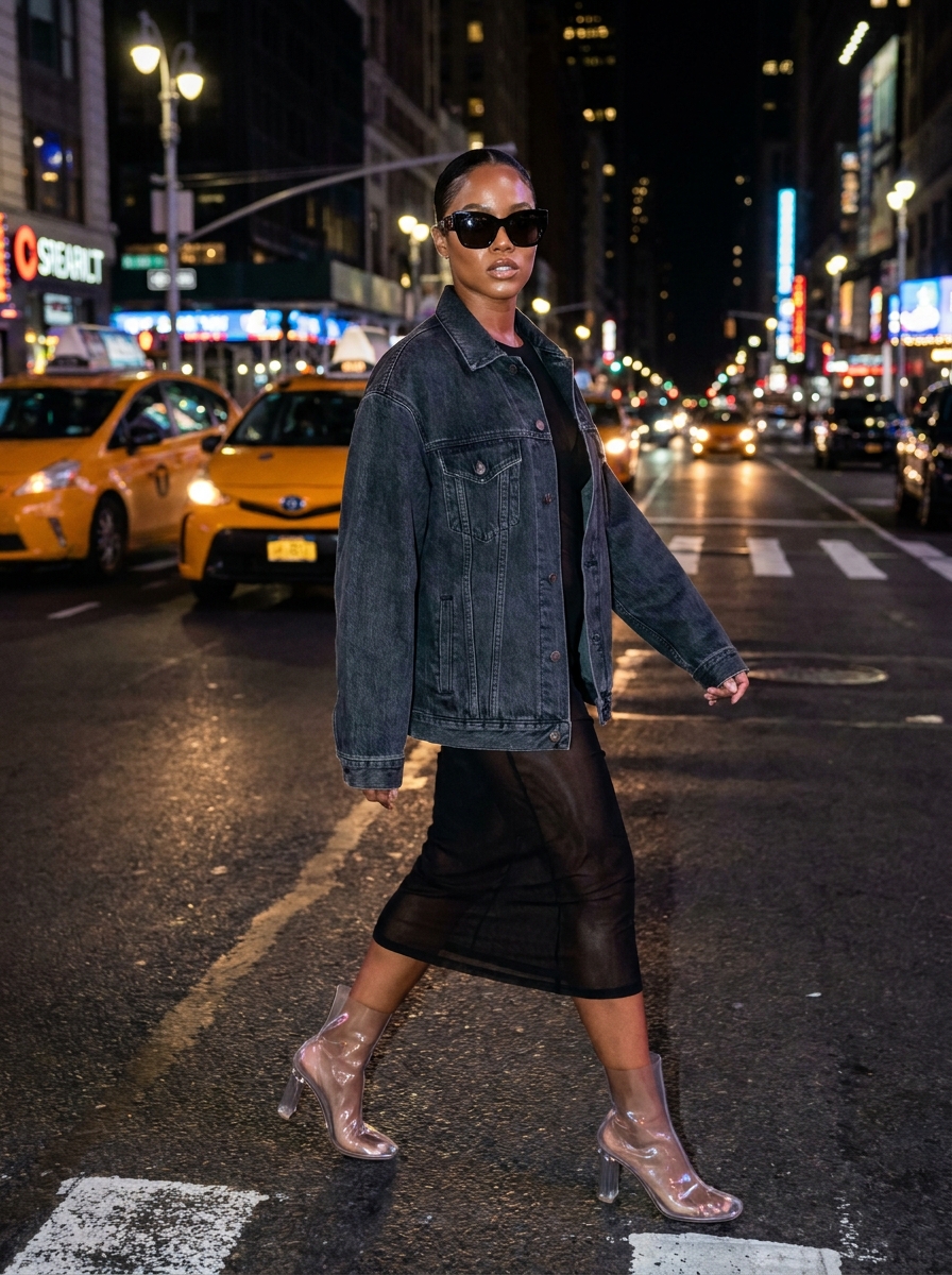 SKIPIKS AIファッション写真 — streetwear, sophisticated — 도시적 감성이 돋보이는 데님 재킷과 시스루 드레스가 조화를 이루며 시크한 매력을 발산합니다. 투명한 클리어 부츠로 룩에 트렌디한 포인트를 더해보