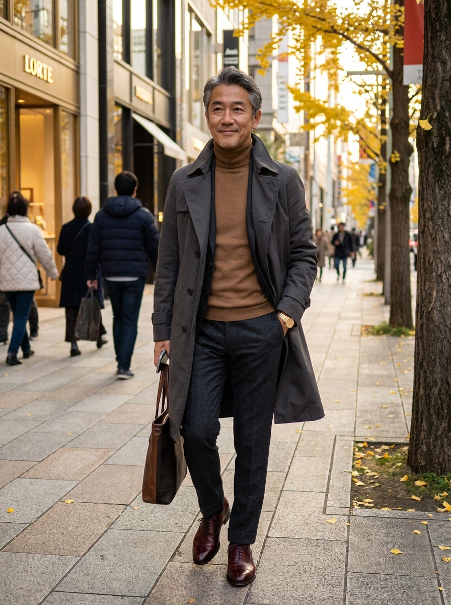 SKIPIKS AI 패션 화보 — classic, urbanchic — 우아한 다크그레이 트렌치코트와 베이지 터틀넥이 고급스러운 느낌을 줍니다. 트렌치코트 아래 슬림한 네이비 슬랙스를 매치해 세련된 실루엣을 완성해보