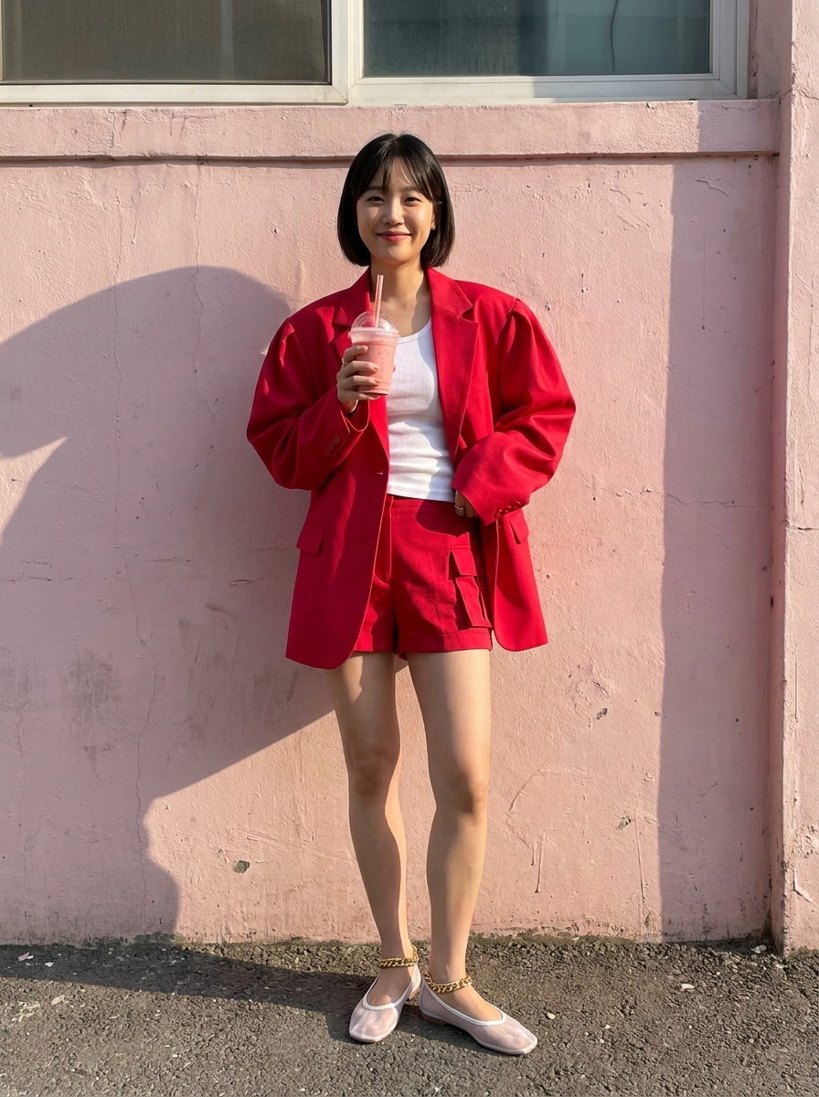SKIPIKS AI 패션 화보 — feminine, casual — 강렬한 빨강 블레이저와 쇼츠 조합이 눈길을 사로잡는 스타일입니다. 흰색 탱크탑으로 시원함을 더하고, 플랫 슈즈로 편안한 포인트를 줘보세요. 여름