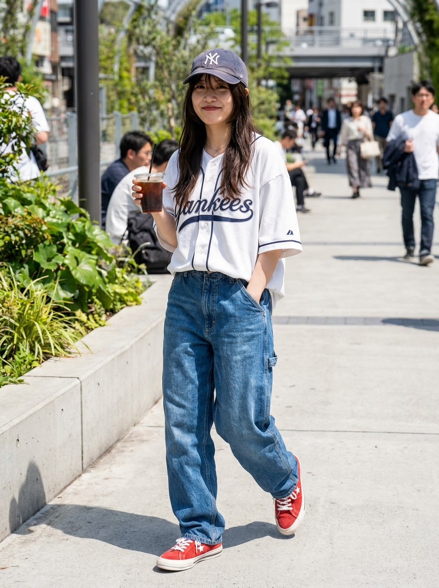 SKIPIKS AIファッション写真 — casual, sporty — 편안하면서도 스포티한 무드를 완성하는 여유로운 야구 셔츠와 청바지의 조합이에요. 여기에 화사한 빨간색 운동화로 포인트를 주어 활기찬 느낌을 더해