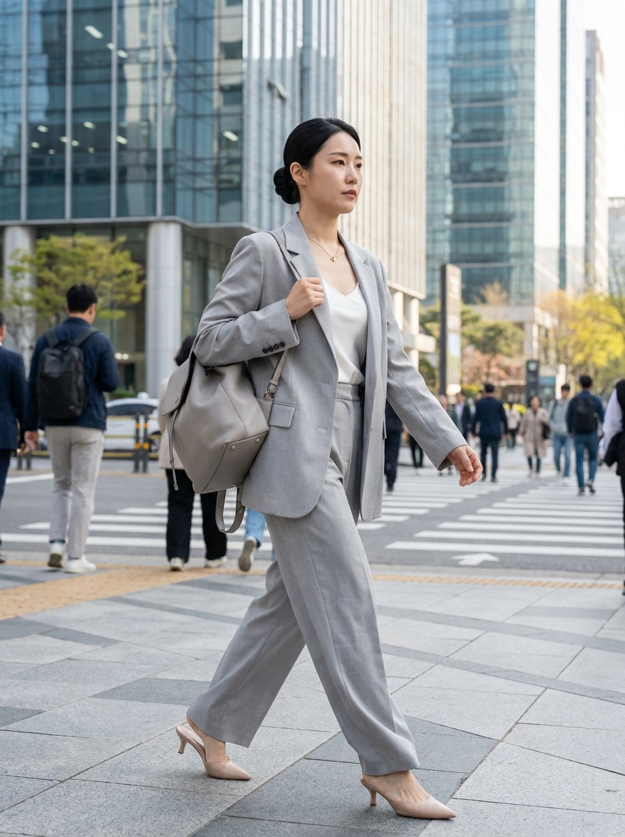 SKIPIKS AIファッション写真 — modern, minimalist, business — 도시적이고 세련된 무드가 돋보이는 그레이 수트 스타일입니다. 화이트 탑과 매치하여 깨끗하고 깔끔한 인상을 줍니다. 베이지 힐과 백팩으로 여성스러