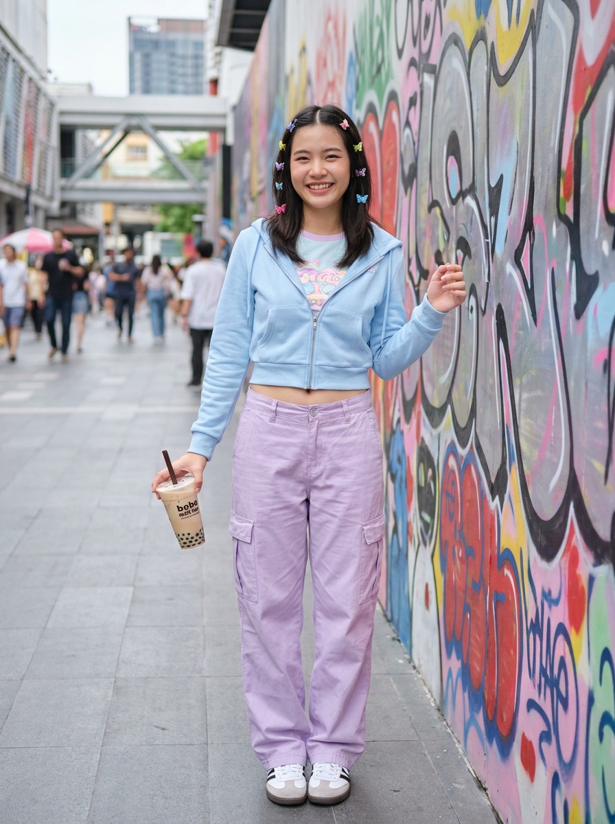 SKIPIKS AI时尚大片 — streetwear, playful, colorful — 밝은 하늘색 크롭 후드와 라벤더 카고 팬츠가 경쾌한 컬러 매치를 선보이는 룩입니다. 헤어핀으로 포인트를 주어 귀여움을 더해보세요. 스트리트 무드